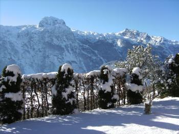 Winterpanorama mit Garten im Vordergrund