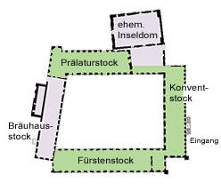 Die Skizze zeigt den Grundriss des Klostergebäudes mit den vier Flügeln.