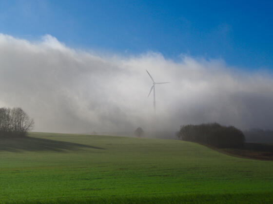 Windrad im Nebel