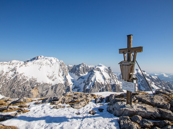 Gipfelkrez des &quot;Schneiber&quot; mit Brett und Göll im Hintergrund