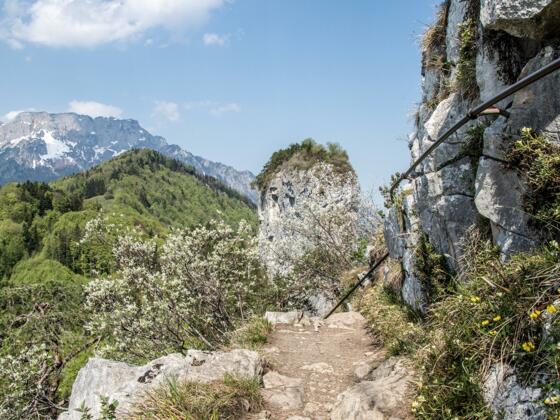 Stahlseile sichern den Weg auf den Kleinen Barmstein, im Hintergrund der große Barmstein