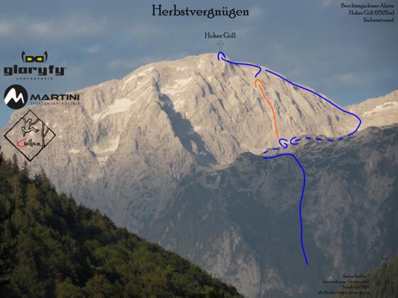 Herbstvergnügen - Göll Südwestwand Übersichtsbild mit Route - Topo
