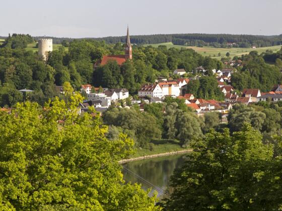 Blick auf Bad Abbach mit Heinrichsturm und Kirche