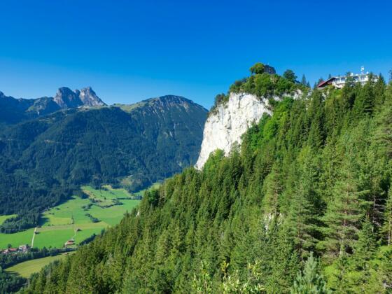 Blick vom Gedenkplatz auf die Burgruine Falkenstein