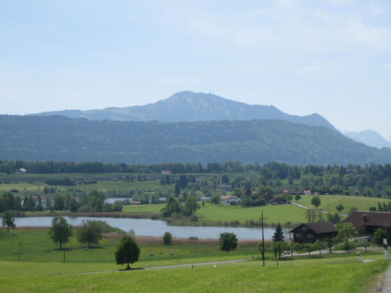Aussicht von Memhölz über den Mitterinselsee auf den Grünten