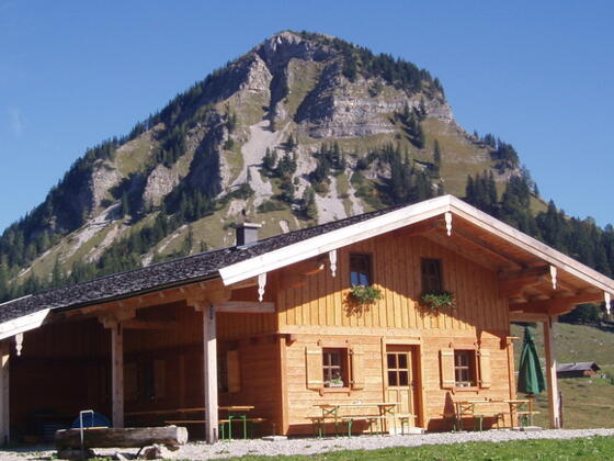 Reithütte mit Holzeck im Hintergrund