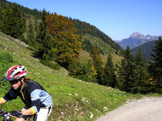 Mountainbiker im Leitzachtal, im Hintergrund der Wendelstein
