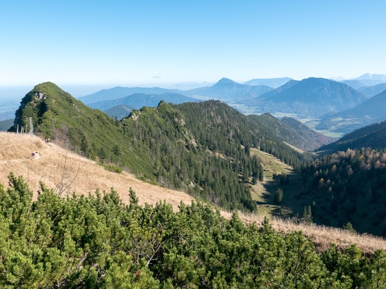 Auf den letzten Metern zum Hochfelln: Blick zurück zum Grat vom Strohnschneid. Rechts unten das Tal, durch das der normale Aufstiegsweg über die Fellnalm heraufzieht.