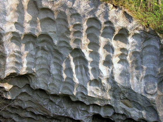 Runde Abbauspuren auf einer Felswand. So als hätte jemand mit einem runden Stempel die Oberfläche in leicht überlappender Weise verstempelt.