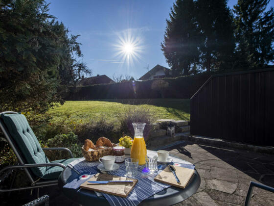Blick von der Terrasse in den wunderschönen Garten