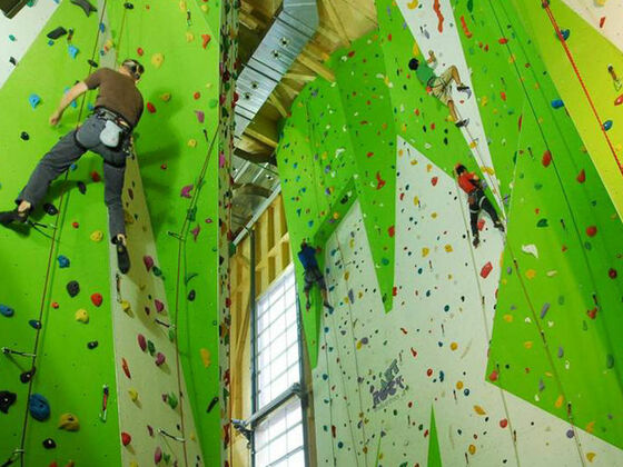 Kletterer an der Kletterwand in der Kletterhalle Rosenheim.