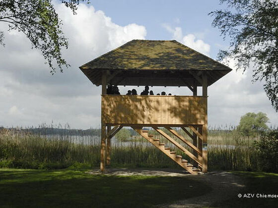 Blick auf den Beobachtungsturm im Kurpark Seebruck.