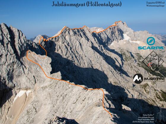 Jubiläumsgrat Übersichtsbild von der Alpspitze mit Route - Topo