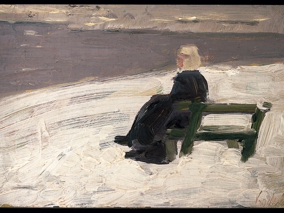 Franz marc - Frau in Winterlandschaft auf grüner Bank - 1906