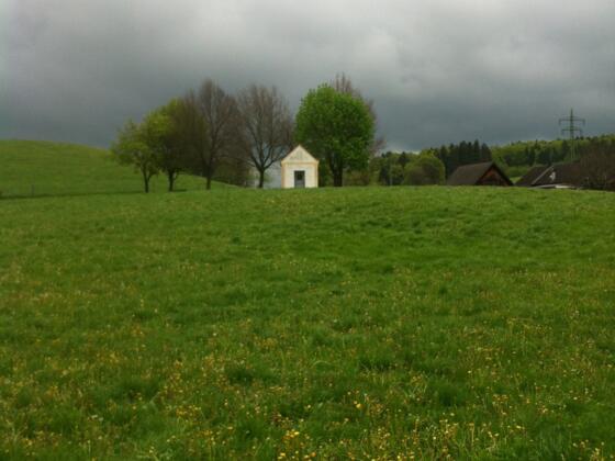 Inmitten saftiger Wiesen befindet sich die kleine Kapelle bei Marnbach.