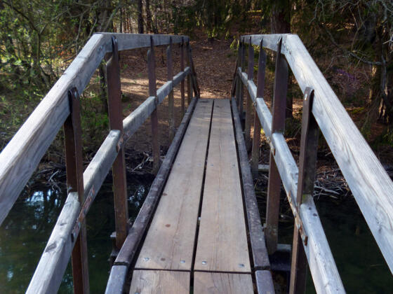 Eine steile Holzbrücke führt über den Bach zwischen Fohnsee und Staltacher See.