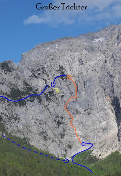 Großer Trichter - Hoher Göll Westwand - Übersichtsfoto mit Route