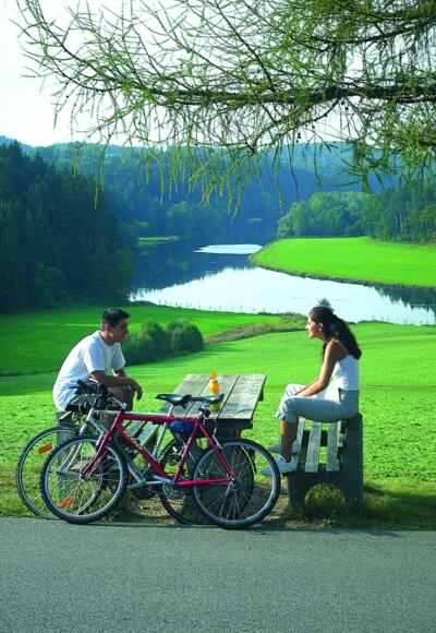 Radler bei der Rast entlang des Regental-Radweges