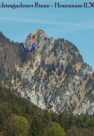 Hexennase - Topo, Übersichtsbild Berchtesgadener Rinne auf den großen Rotofenturm