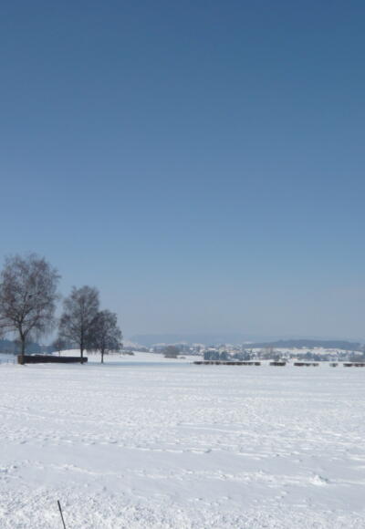 Blick nach Westen auf den Flugplatz; links die Friedhofsmauer