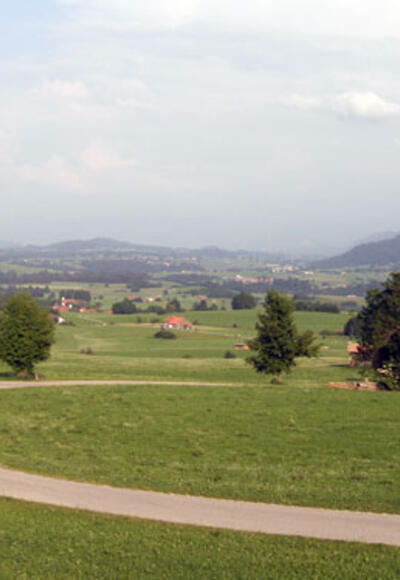 Wir blicken vom Panoramaweg Mittelberg auf das Alpenvorland.