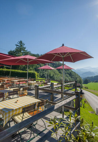 Terasse Berggasthof Hummelei mit Blick auf da Kaisergebirge