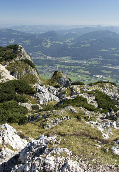 Ausblick vom Salzburger Hochthron zum Geiereck (Seilbahnstation)