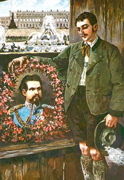 Postkarte von König Ludwig II. und dem Schloss Herrenchiemsee