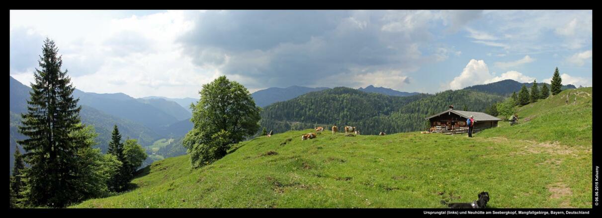Ursprungtal (links) und Neuhütte am Seebergkopf, Mangfallgebirge, Bayern, Deutschland