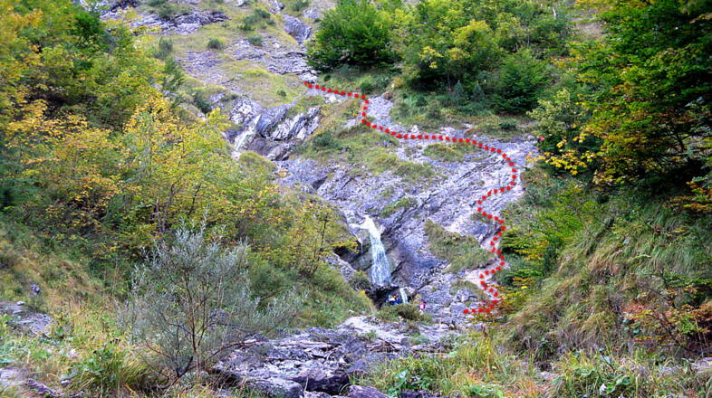 Am Ende der Wolfsschlucht geht es rechts des Wasserfalles steil in Sepentinen hoch!