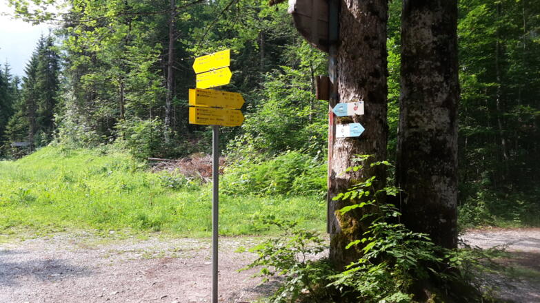 Wegweiser an der Abzweigung kurz hinter der Brücke