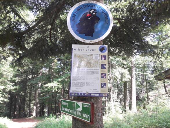 Hinweis auf Auerhahnschutzgebiet (= Wanderwege nicht verlassen)