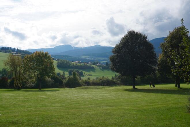 Golfplatz mit Blick zum Großen Arber vom Himmelreichweg bei Lam