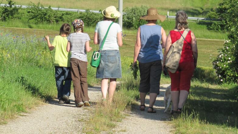 umgeben von Blumen und Kräutern