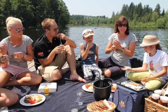Seepicknick auf der Badeinsel im Waldsee