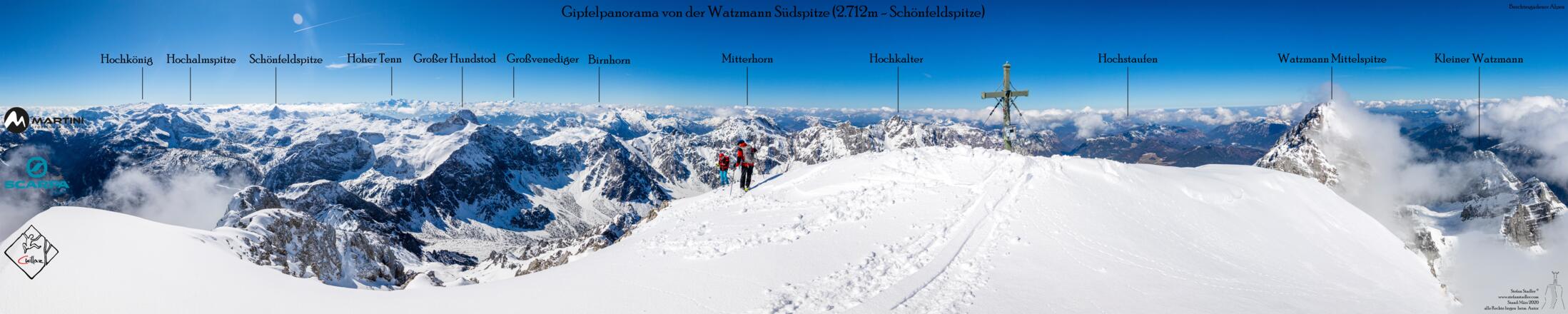 Gipfelpanorama an der Watzmann Südspitze im Winter.
