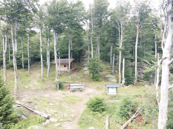 Blick vom Hirschenstein auf den Rastplatz mit Hütte