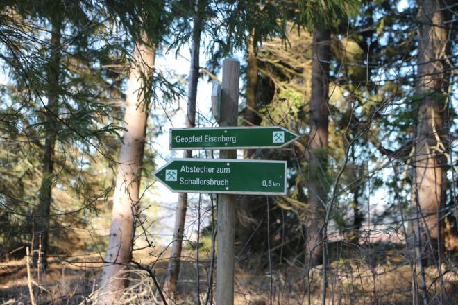 Wegweiser des Geopfads Eisenberg und Wegweiser zum Schallersbruch