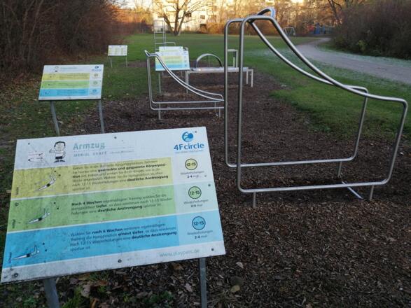 Schilder des 4F Circle im Park bei der Wittenberger Straße