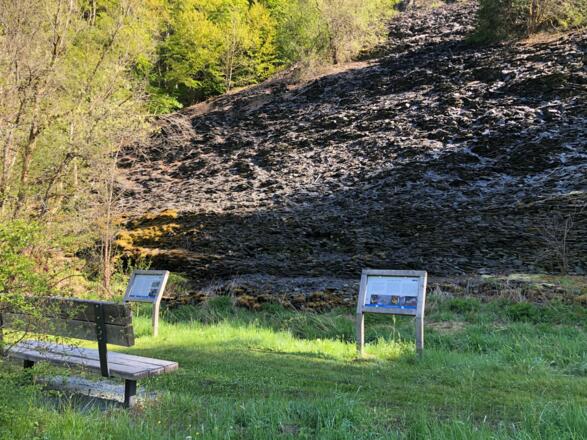 Bank mit Infotafeln an der Unteren Schieferhalde