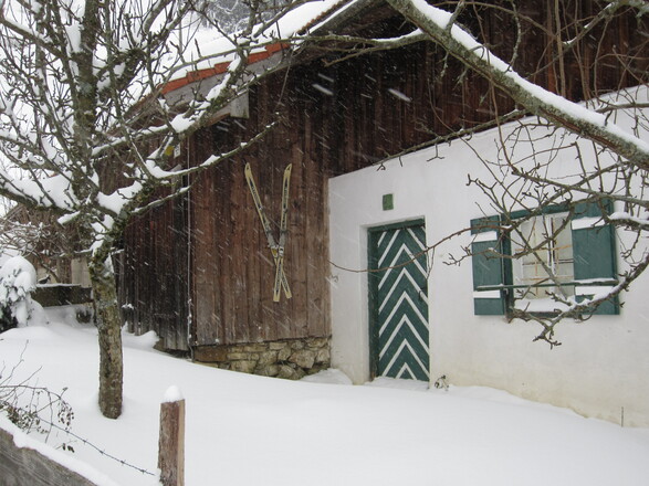 die alten Ski sind Zeugen des ehemaligen Skilift