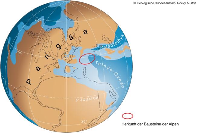 Herkunftsgebiet der Bausteine der Alpen in der Obertrias (etwa 210 Millionen Jahre)