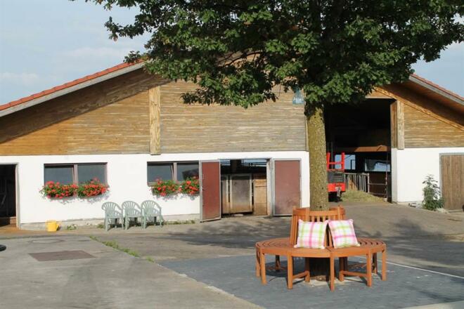 Auf der Baumbank vorm Kuhstall verweilen