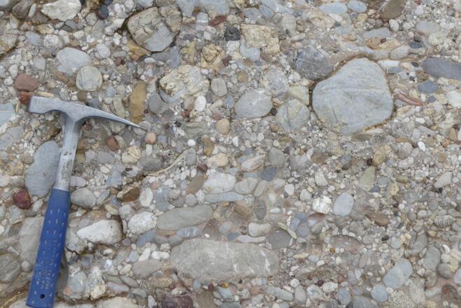 Nagelfluh: Gestein das so aussieht, als hätte man Nägel tief eingeschlagen, so dass nur noch die Köpfe herausschauen.