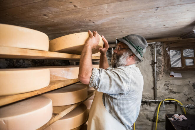 Bernhard im Käsekeller beim täglichen &quot;Käseschmieren&quot;