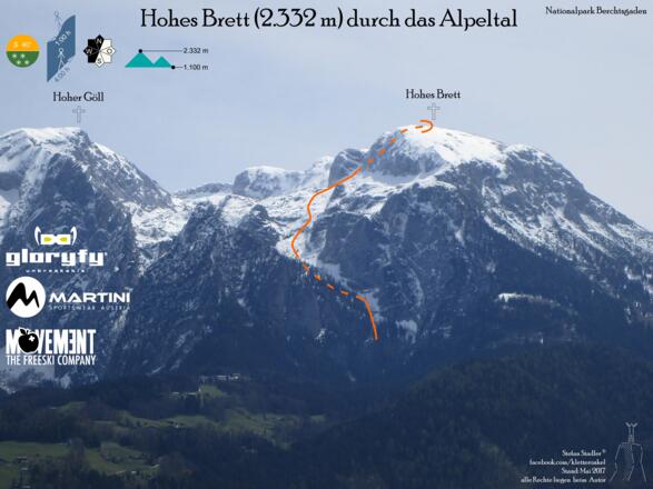 Hohes Brett - Übersichtsbild der Skitour durch das Alpeltal - Topo