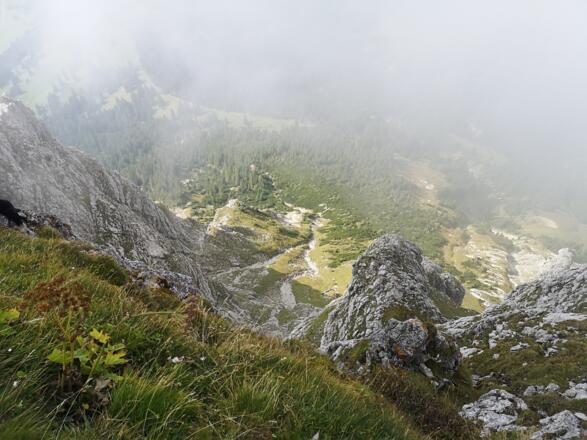 Blick auf den Zustieg zur Kemptner Kante vom Gipfel des Aggenstein