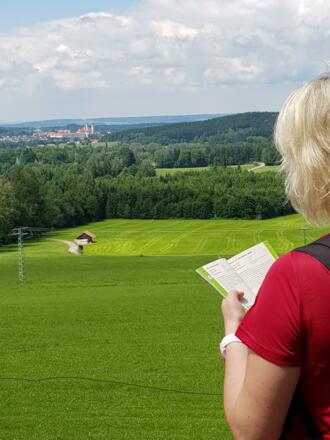 Aussichtspunkt der Bühler Waldrunde mit Blick auf die Basilika