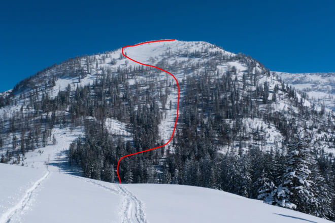 Ungefährer Routenverlauf im Aufstieg an der NW-Flanke des Hohen Zinken