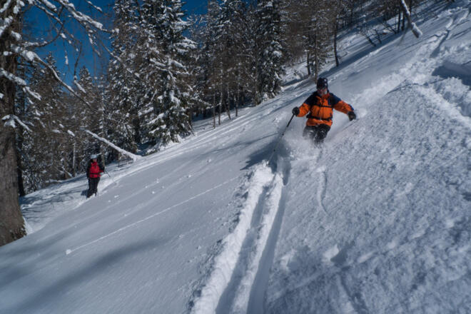 Der Wald weiter unten in der NW-Gipfelflanke stört bei der Abfahrt kaum